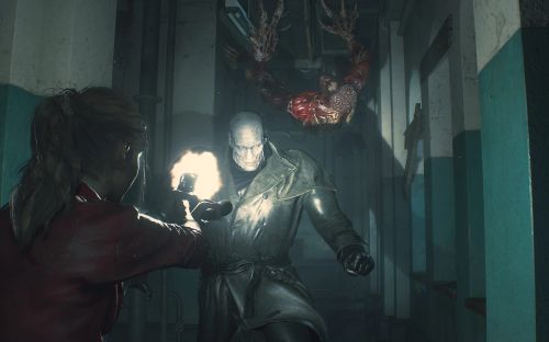 Claire Redfield schießt auf Genger (Resident Evil 2)