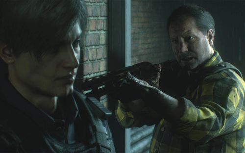 Leon S. Kennedy wird mit Shotgun bedroht (Resident Evil 2)